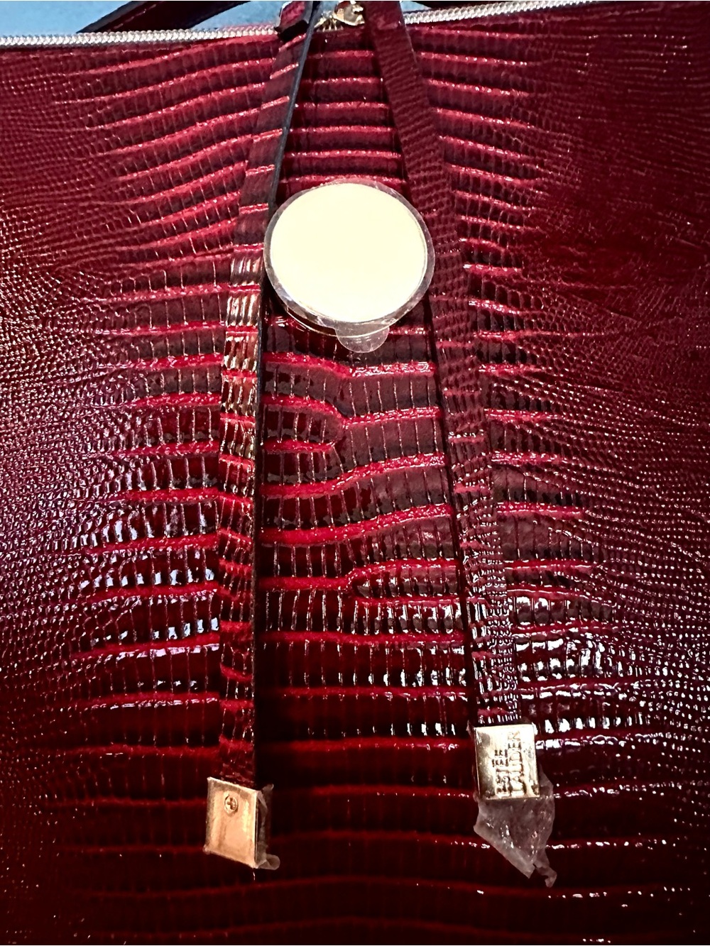 Estee Lauder Deep Red Croc-Embossed Tote with Gold Accents